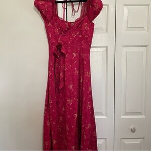 Lait Collection Red Satin Lace Floral Puff Sleeve Dress Size Small, NWT